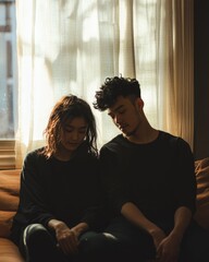 Fototapeta premium Saint Valentine. Sheer curtains filter sunlight as a young couple prays together on a cozy sofa.