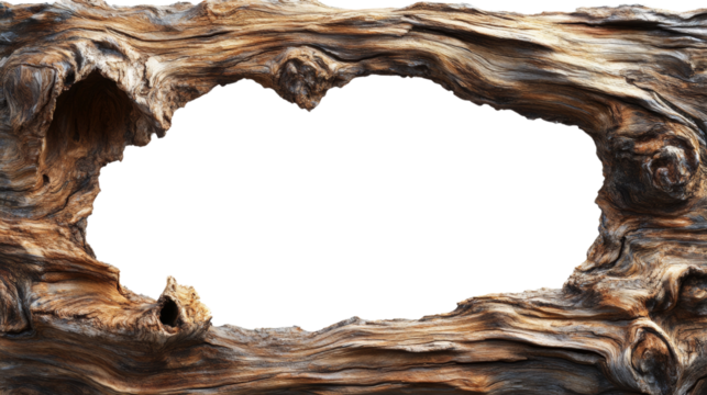 A piece of weathered wood with an irregular hole in the center forms a natural frame.