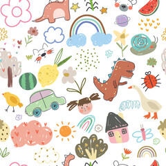 Seamless pattern with hand drawn kids nature , animals. Cartoon flowers, dino, rainbows, clouds, sun, snails, fruits. Vector illustration.