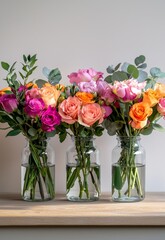 Obraz premium Elegant Arrangement of Colorful Flowers in Glass Vases on Wooden Table Surface