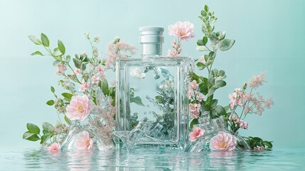 a transparent glass bottle of spring water floating amidst splashing water and glowing pastel...