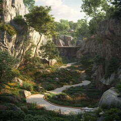 Obraz premium Serene Pathway Through Rocky Hills With Lush Vegetation And Elevated Wooden Bridge Over Path