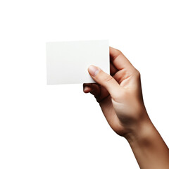 Obraz premium A close-up image shows a hand holding a blank white card against a white background.