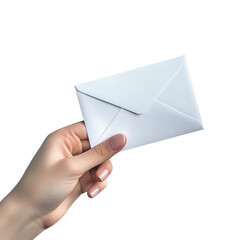 A close-up image shows a female hand gently holding a blank white envelope against a black background.