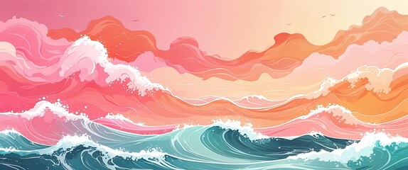 Soft pastel pink and orange hues blending over serene ocean waves illustration background design