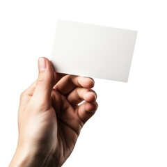 Fototapeta premium A close-up image shows a hand gently holding a blank white card against a plain white background.