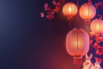 Obraz premium hyper realistic detailed, and blank banner template with text , Mid Autumn Festival , hyper smooth render, banner without text, rule of thirds Intricate Glossy shinny Intricate , Night, Nile Blue, 