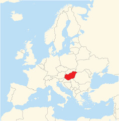Naklejka premium Location Map of the country Hungary in Europe. The country is highlighted with a red polygon. No labels at all.