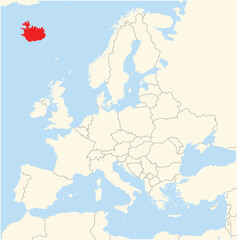 Fototapeta premium Location Map of the country Iceland in Europe. The country is highlighted with a red polygon. No labels at all.