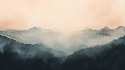Majestic mountains shrouded in mist during sunrise over a peaceful landscape