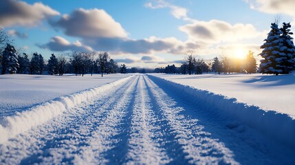 Snowy Landscape with Tracks and Sunlight Over Frosty Horizon