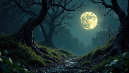 Enigmatic Moonlight Illuminates a Mystical Forest Path, Serene Nighttime Creek Scene with Ancient Trees and Full Moon
