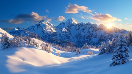 Fototapeta premium Snowy Mountain Landscape with Sunset and Clear Blue Sky