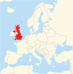 Location Map of the country United Kingdom in Europe. The country is highlighted with a red polygon. No labels at all.