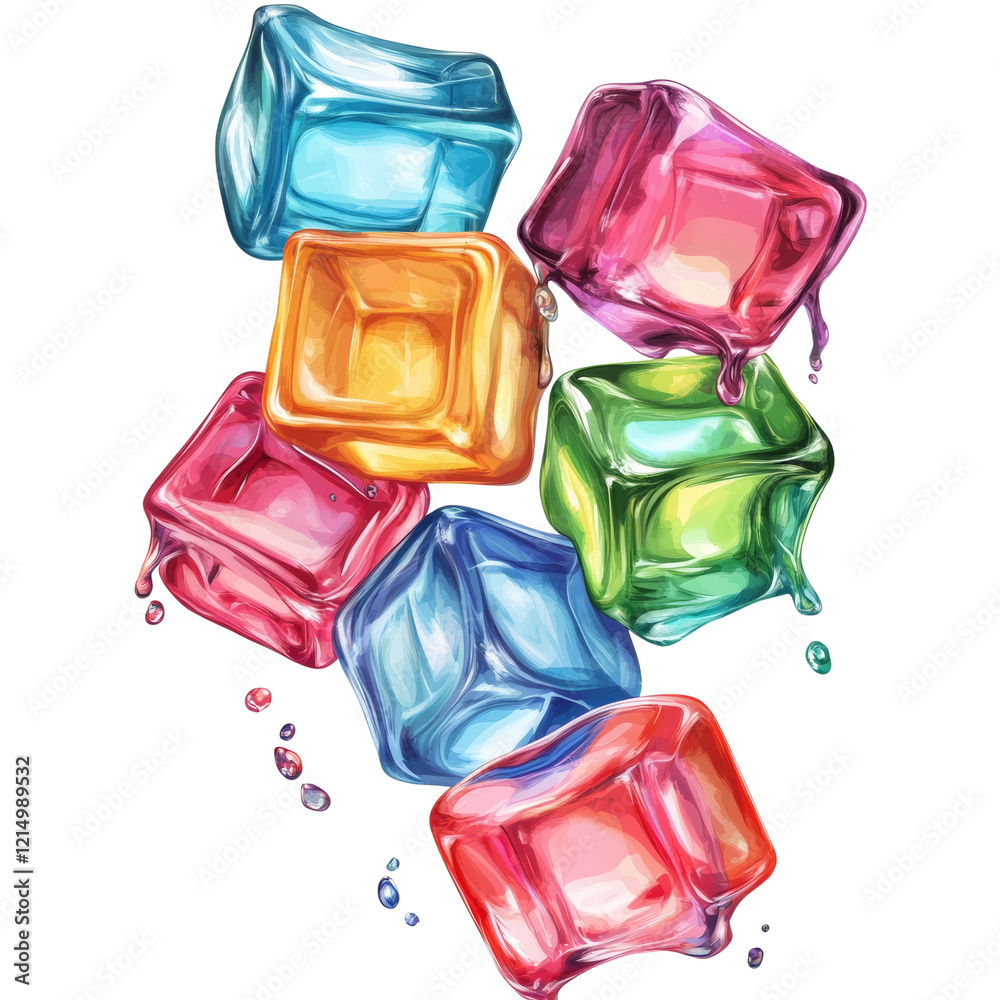 Poster a digital illustration showing several colorful translucent cubes falling and dripping liquid agains