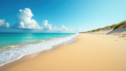 Fototapeta premium Serene Coastal Scene Azure Waters Meet Golden Sands Under a Summer Sky