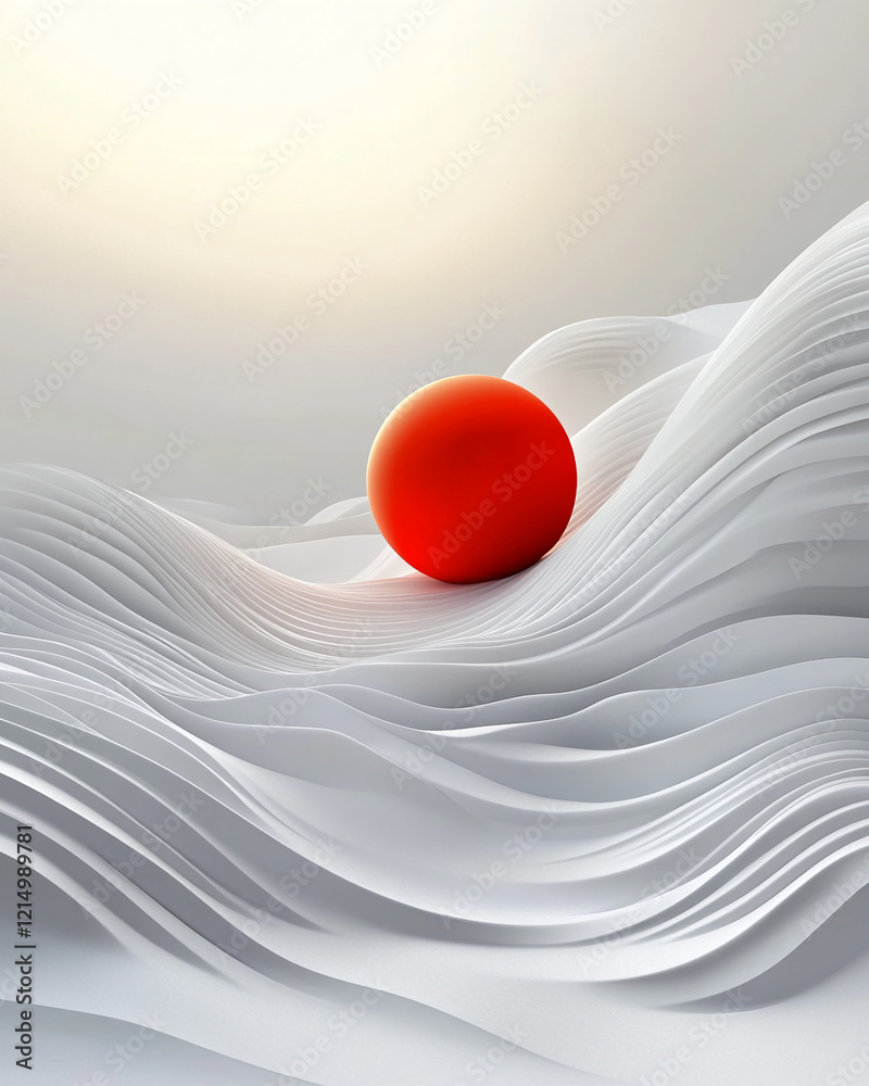 Poster abstract red sphere on white wavy surface with soft gradient lighting