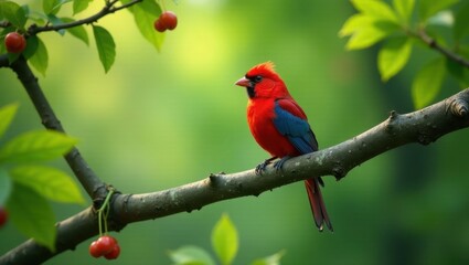 Obraz premium Crimson bird perched on a branch amidst verdant foliage and ripe berries