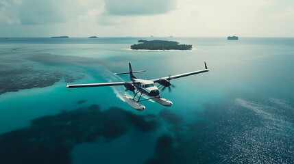 Seaplane Flying Over Tropical Islands Ocean Paradise