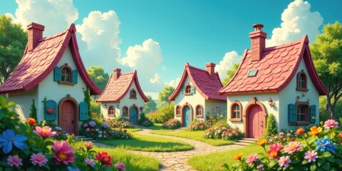 Obraz premium Charming Cottages on a Sunny Day in a Flower-Filled Village with Winding Pathways