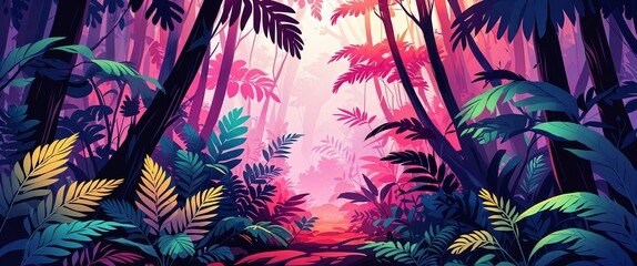 Vivid jungle filled with fernlike leaves and soft pink sunlight gently illuminating the forest floor illustration background design