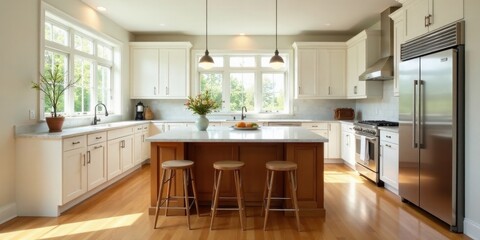 Bright, airy kitchen with hardwood floors and ample natural light illuminating white cabinetry, a large island with wooden stools, and stainless steel appliances
