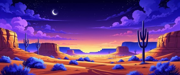 Obraz premium Warm brown desert landscape with a deep violet and blue twilight sky illustration background design