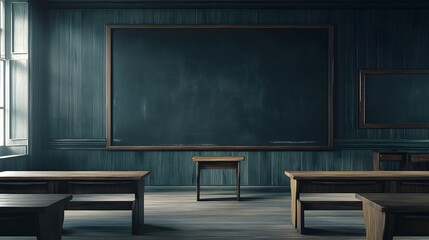 Empty Classroom with Blackboards and Wooden Desks in Dim Light