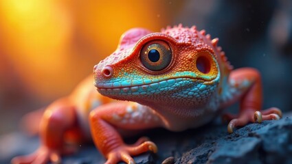 Fototapeta premium Vibrant Reptile in Golden Hour Sunlight Close-up Detail of a Colorful Lizard's Intricate Scales and Captivating Gaze
