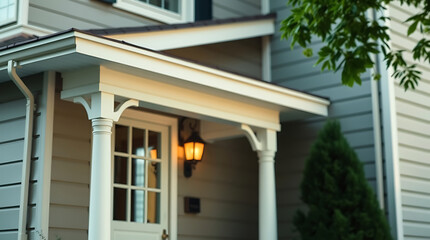 Fototapeta premium Charming Home Exterior: Classic Porch Design with White Columns and Warm Lighting. A perfect blend of traditional architecture and modern comfort.