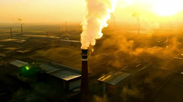 The aerial view reveals of factory engulfed in a dense cloud of smoke at orange sunset, an alarming sight that highlights the environmental risks and potential harm to the planet. Generative AI