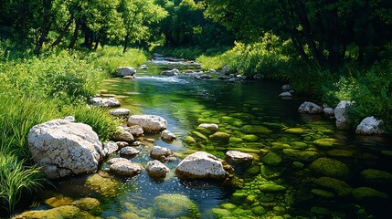 Obraz premium Serene Landscape of Clear Stream Surrounded by Lush Greenery