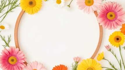Obraz premium Colorful floral frame design with pink yellow, orange flowers. Daisies gerberas, blossoms arrange in circular wooden frame. Spring summer nature theme. Blank area in center for adding text elements.