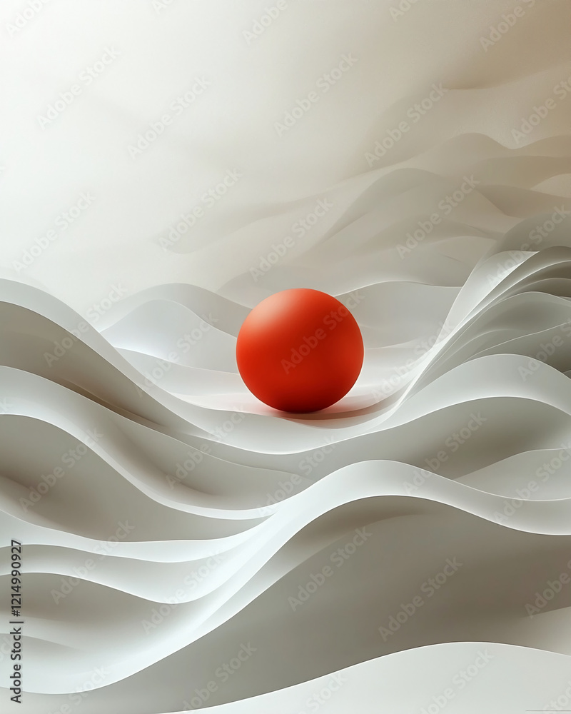 Poster Abstract minimalistic design with red sphere on flowing white curves