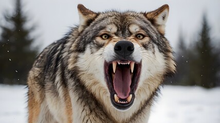 a wolf roaring on a snowy white background with its mouth open, front view