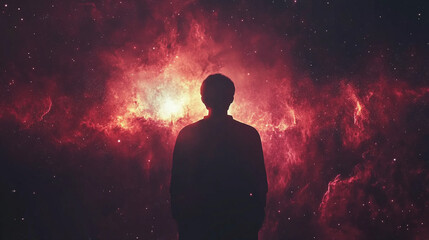 A back view silhouette of a man in a space concept background, highlighting the universe, astronomy, and the night sky, with abstract and minimalistic elements, bright tones, and a blurred cosmic atmo