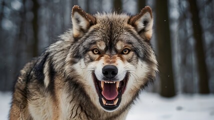 Obraz premium fierce wolf growling in a snowy forest with intense gaze and sharp teeth visible
