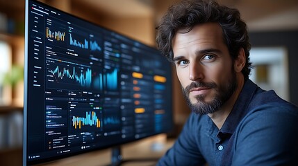 Focused man analyzing data on large monitor. (1)