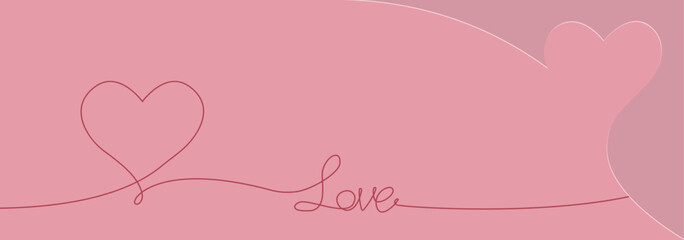 Happy Valentines day creative Banner Design. Love text and heart symbols, line art hand drawn style. Paper cut, copy space for sale header or voucher template, pink horizontal background