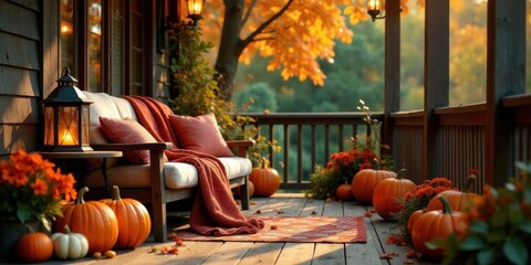 Autumnal Porch Serenity Cozy Sofa, Warm Lantern Light, and Vibrant Fall Decor