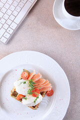 Traditional Viennese waffles with cottage cheese and red fish for breakfast. Business breakfast.