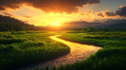 Serene Evening Landscape with River and Vibrant Sunset Sky