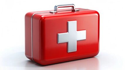 Fototapeta premium Red medical emergency box with white cross symbol, cut out on white 