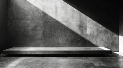 Empty concrete platform in dark room with sunlight beams on tile wall