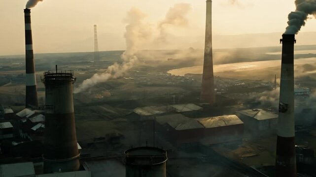 From above, factory smokestacks release billows of smoke into the atmosphere, representing a grave threat to the environment and exacerbating the issue of global warming. Generative AI