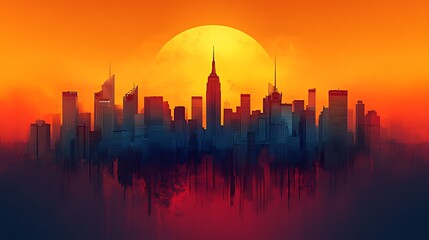 Fiery sunset over city skyline, hazy reflection, urban art