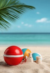 Obraz premium Vibrant Beach Day with Sandcastles and Colorful Balls on Sandy Shore