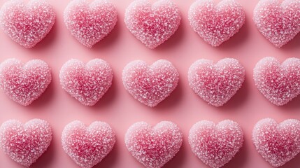 Obraz premium Pink Heart Shaped Candies on a Pink Background. A Romantic Valentine's Day Theme
