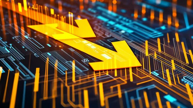 Digital financial graph downturn circuit board background.D arrow pointing downwards indicates decrease performance.backdrop features complex circuitry suggesting advanced computing.visualization