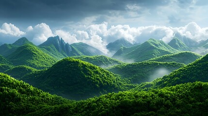 Obraz premium Lush Green Mountains Under Dramatic Cloudy Sky in Nature Landscape